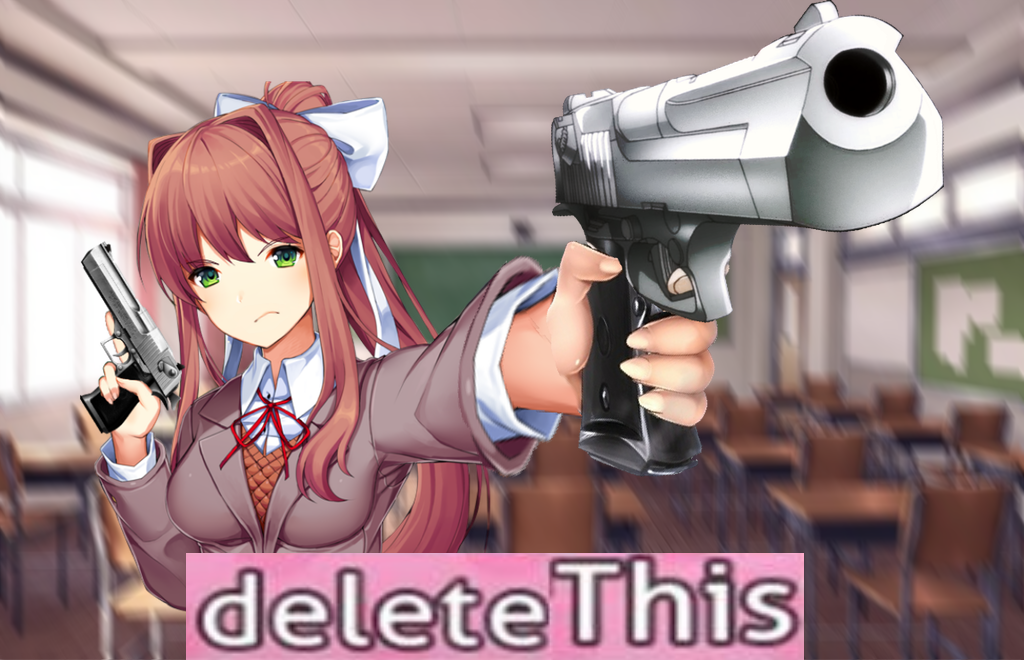 Удали школу. Моника доки доки с писто. DDLC Моника delete. Моника из доки доки с пистолетом. Моника доки доки delete this.